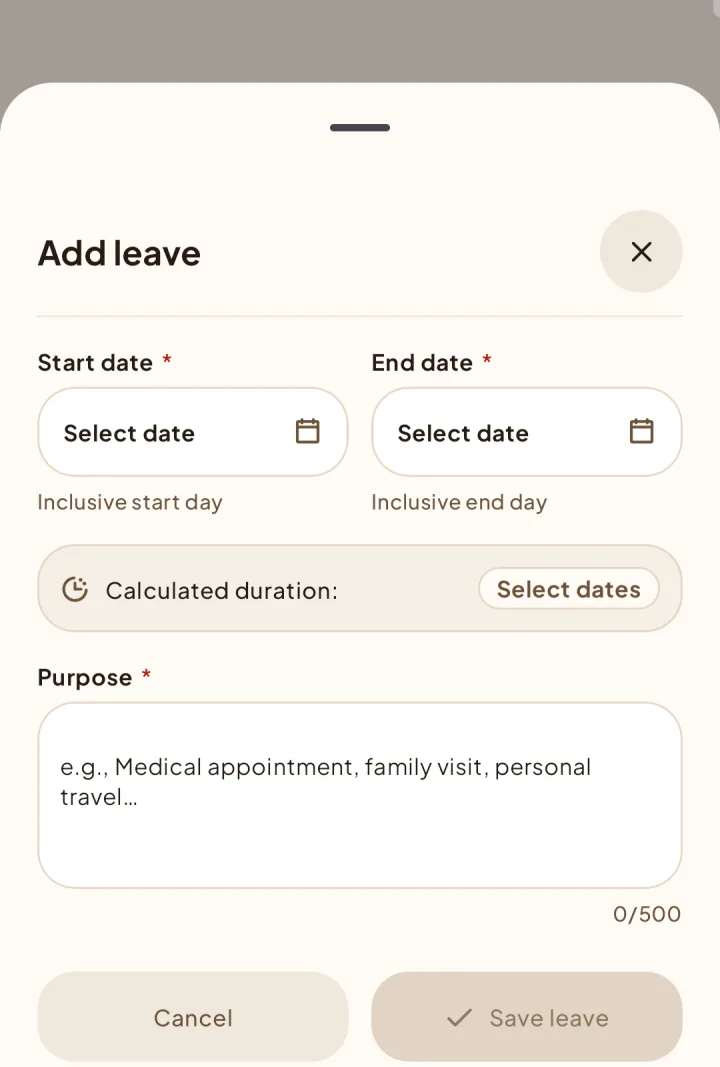 Add leave bottom sheet with dates, purpose, and save action.