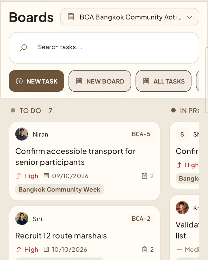 Boards toolbar with New Task, New Board, and Campaigns actions.