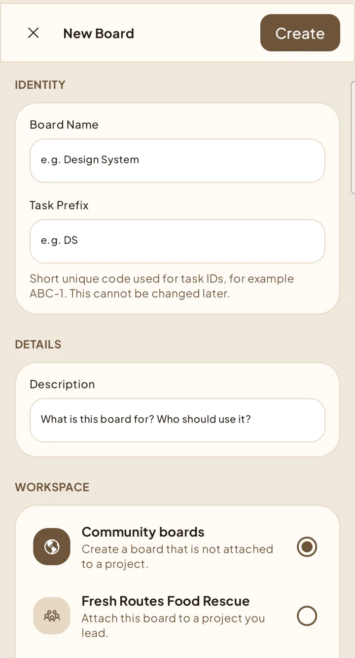 New Board form with identity, access, and project scope controls.