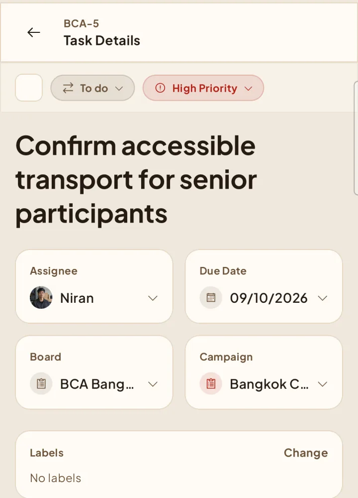 Details der Aufgabe BCA-5 mit ausgewählter Kampagne Bangkok Community Week.