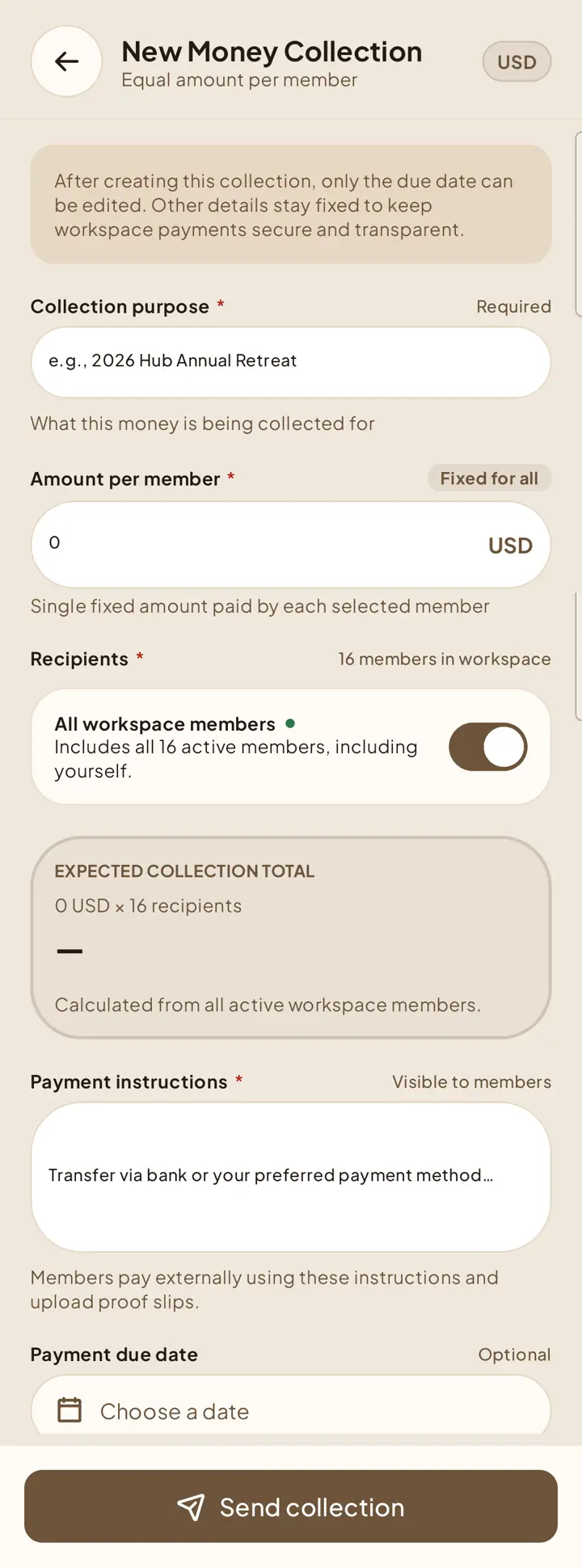 New Money Collection form with collection details, recipients, payment instructions, due date, and send action.