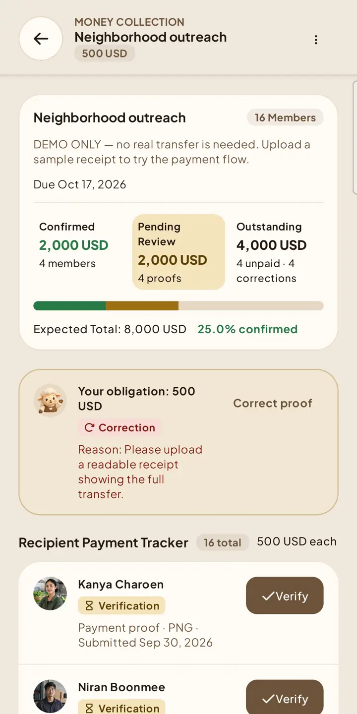 Money Collection details with submitted proofs in the Recipient Payment Tracker.