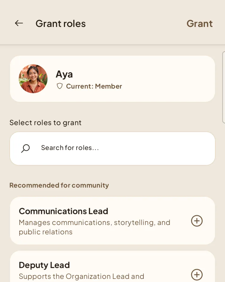 Grant roles screen listing the roles available for Aya.
