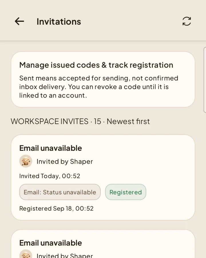 Issued invitations with delivery, registration, and revocation status.