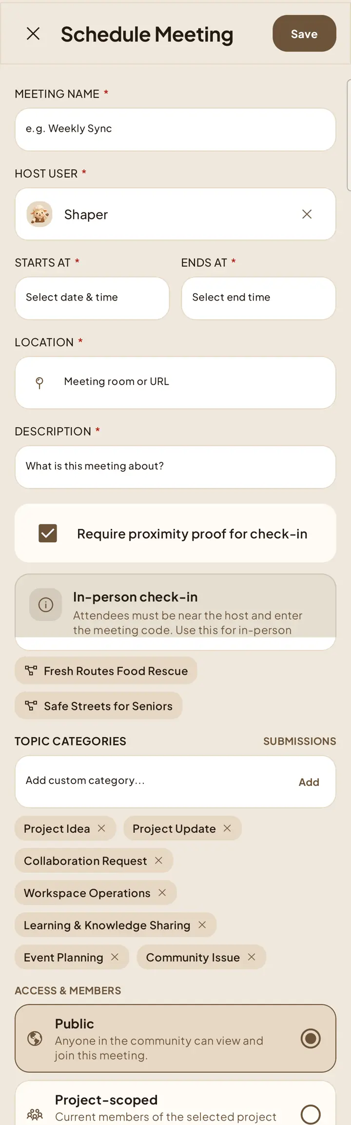 Schedule Meeting form with meeting details, proximity proof, projects, topic categories, and access settings.