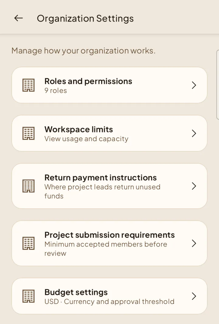 Organization Settings with links to workspace governance and budget controls.