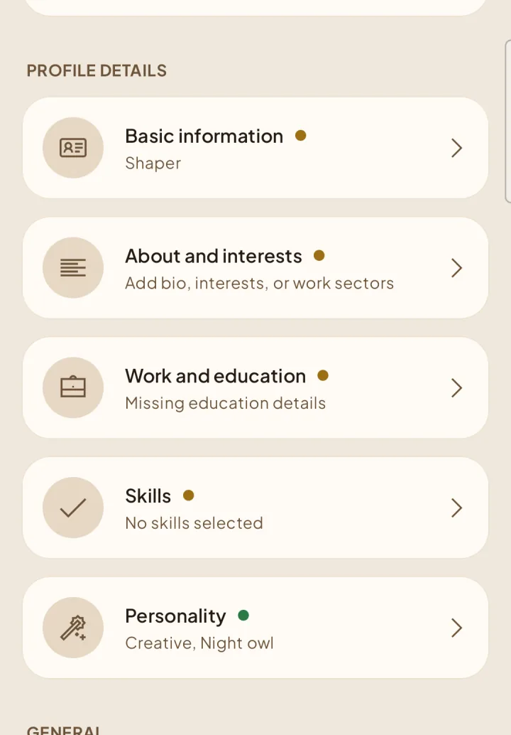 Profile details with basic information, interests, experience, skills, and personality editors.