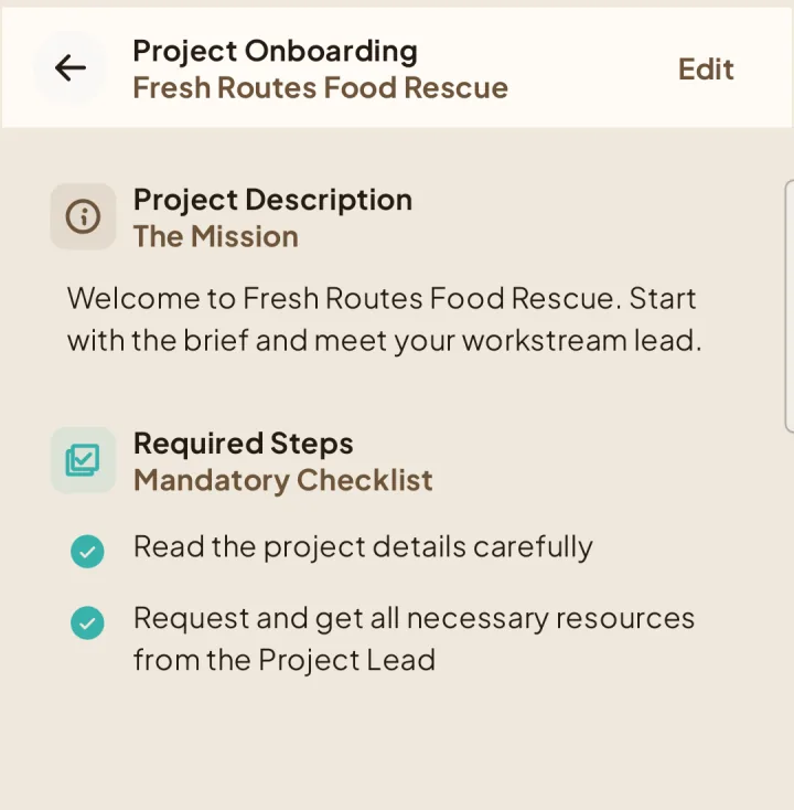 Project Onboarding details with the project description and required steps.