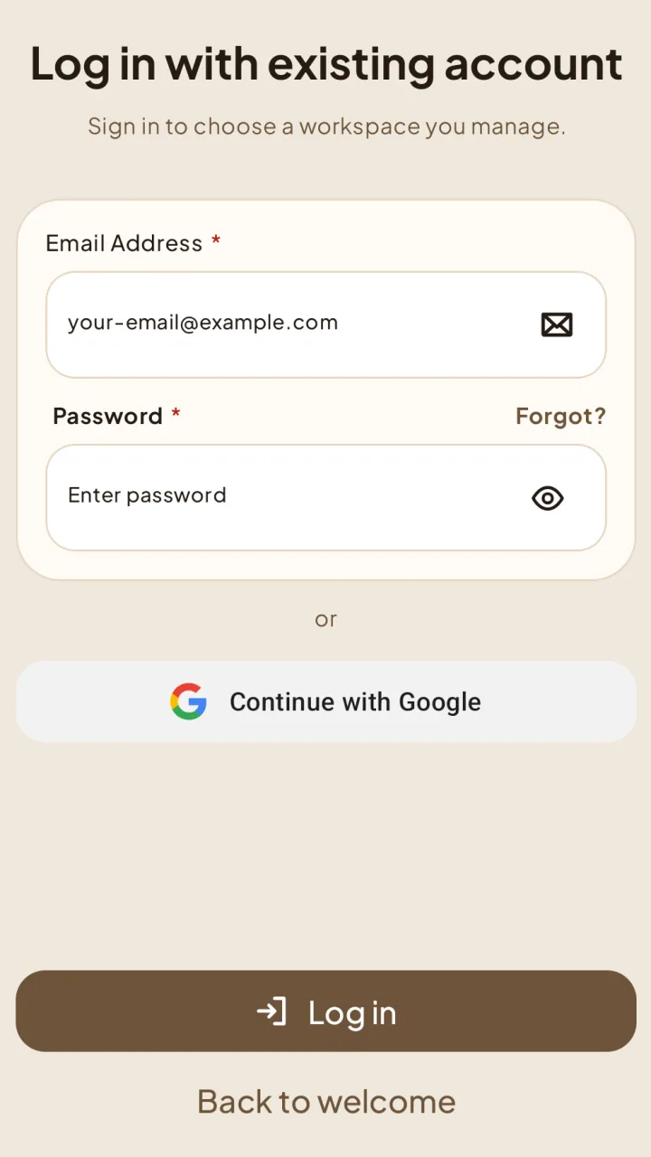Owner sign-in with empty email and password fields, Google sign-in, and Log in.