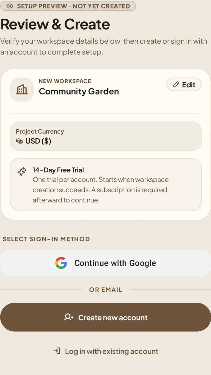 Review and Create preview for Community Garden with Edit, Google sign-in, Create new account, and Log in with existing account.